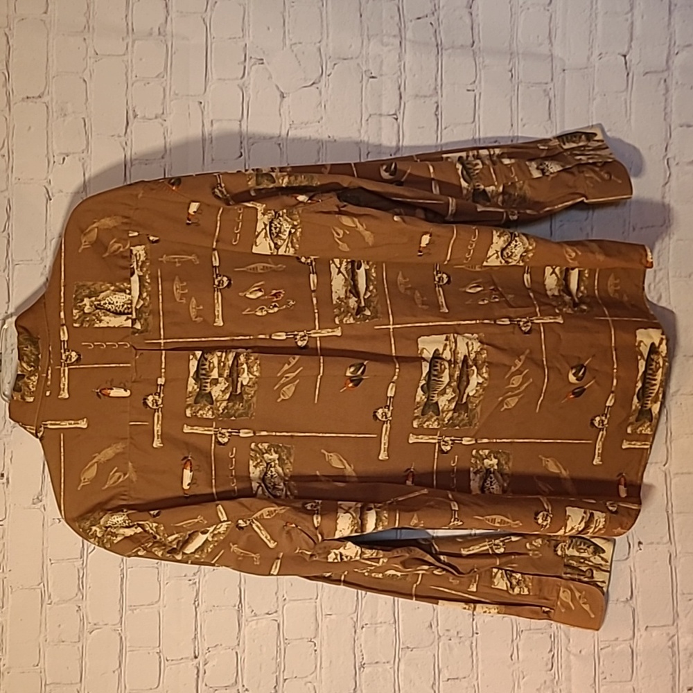 Magellan Fish Print Flannel XL Brown Cotton Shirt Bass Lure Reel Novelty Fun - Picture 6 of 6